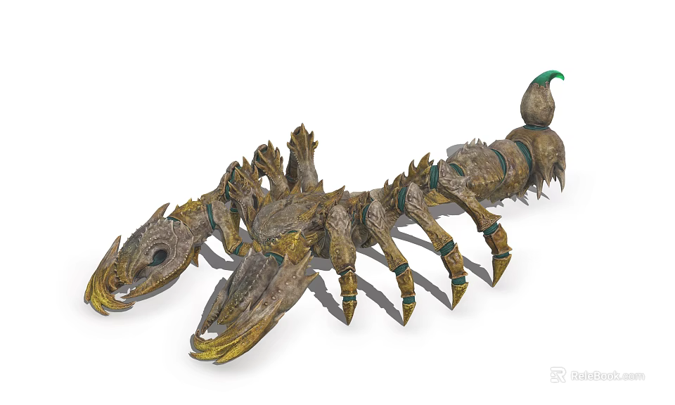 Detailed Reptile Sculpture With Golden Textured Body And Green Tipped Tail 3d model 