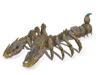 Detailed Reptile Sculpture With Golden Textured Body And Green Tipped Tail 3d model