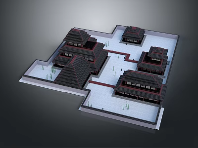Cartoon Style Chinese Courtyard Scene With Traditional Black Roof Buildings Red Pathways And Small Plants 3d model
