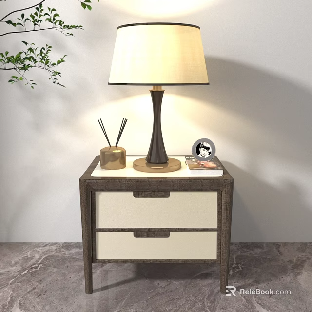 Modern Wooden Nightstand With Table Lamp Pen Holder Photo Frame And Green Plant 3d model 