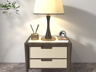 Modern Wooden Nightstand With Table Lamp Pen Holder Photo Frame And Green Plant 3d model