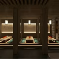 Traditional Japanese Restaurant Interior With Wooden Structure Hanging Lanterns Circular Decor Benches And Bar Stools