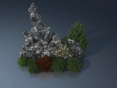 Natural Style Swing Door Decorated With Gray Rockery And Green Shrubs 3d model