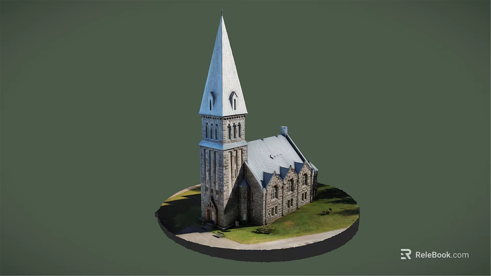 Religious Church Building With Tall Spire Gray Roof Stone Walls And Green Grass Pathway 3d model 