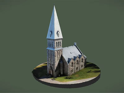 Religious Church Building With Tall Spire Gray Roof Stone Walls And Green Grass Pathway 3d model