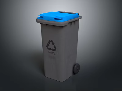 Gray Paper Recycling Bin With Blue Lid And Wheels For Home Use 3d model