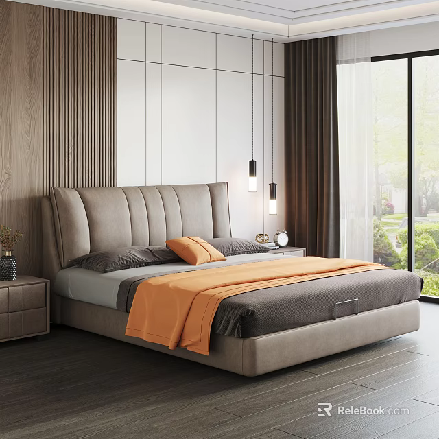 Background Double Bed With Gray Headboard Stitched Design Gray Pillows Orange Blanket Nightstand Table Lamp Wooden White Wall Window Dark Curtains Green Plants 3d model 