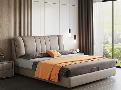 Background Double Bed With Gray Headboard Stitched Design Gray Pillows Orange Blanket Nightstand Table Lamp Wooden White Wall Window Dark Curtains Green Plants 3d model