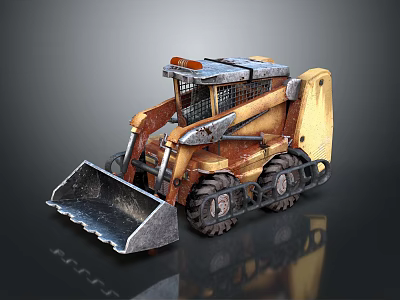 Detailed Yellow Brown Skid Steer Loader With Metal Bucket And Tracks 3d model
