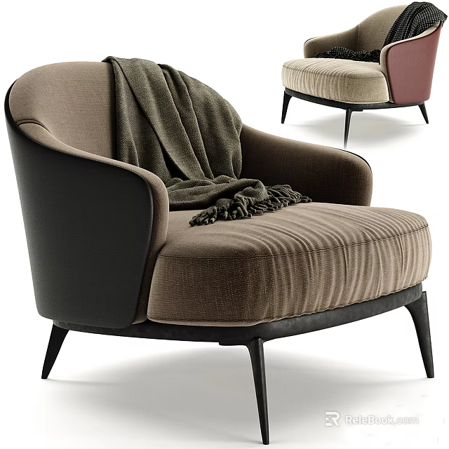 Modern Single Sofa in Brown and Black with Cozy Blanket and Black Slim Legs 3d model 