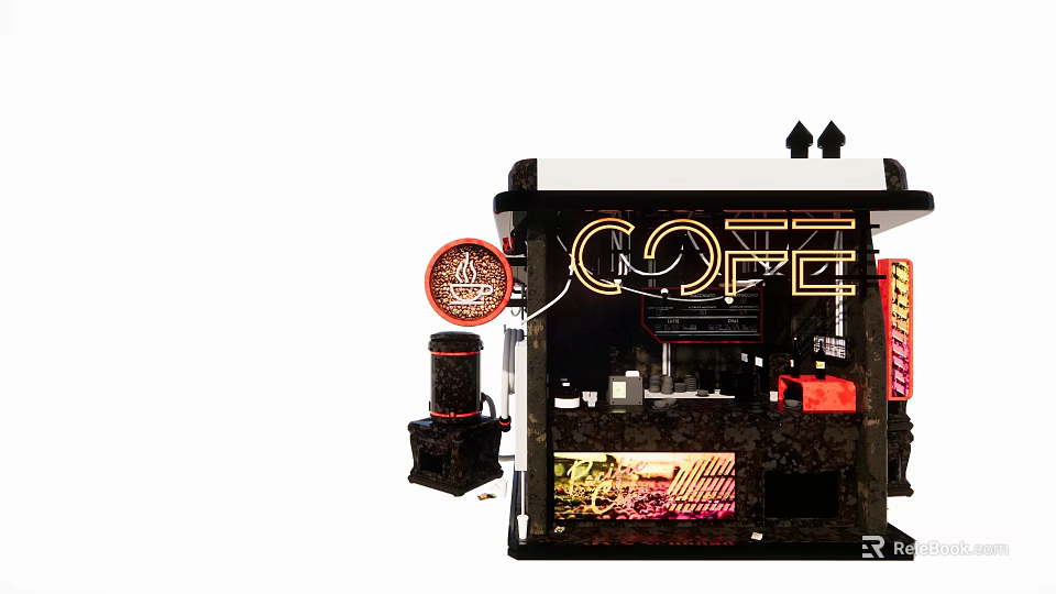 Coffee Kiosk With Neon Coffee Sign And Coffee Machine Display Items 3d model 