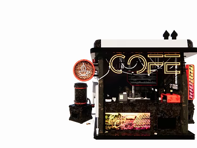 Coffee Kiosk With Neon Coffee Sign And Coffee Machine Display Items 3d model