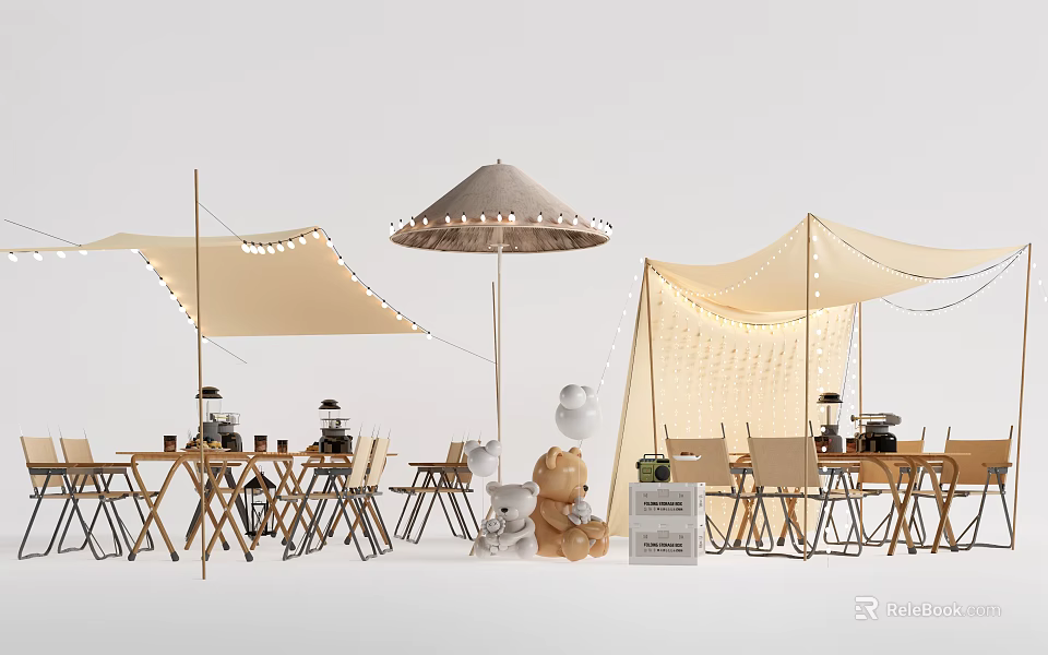 Outdoor Camping Tent Setup With String Lights Tables Chairs Umbrella And Teddy Bear 3d model