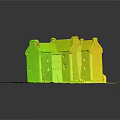 Cartoon Scene of Ancient Stone Building with Multiple Chimneys Green Grass Base and Front Structure