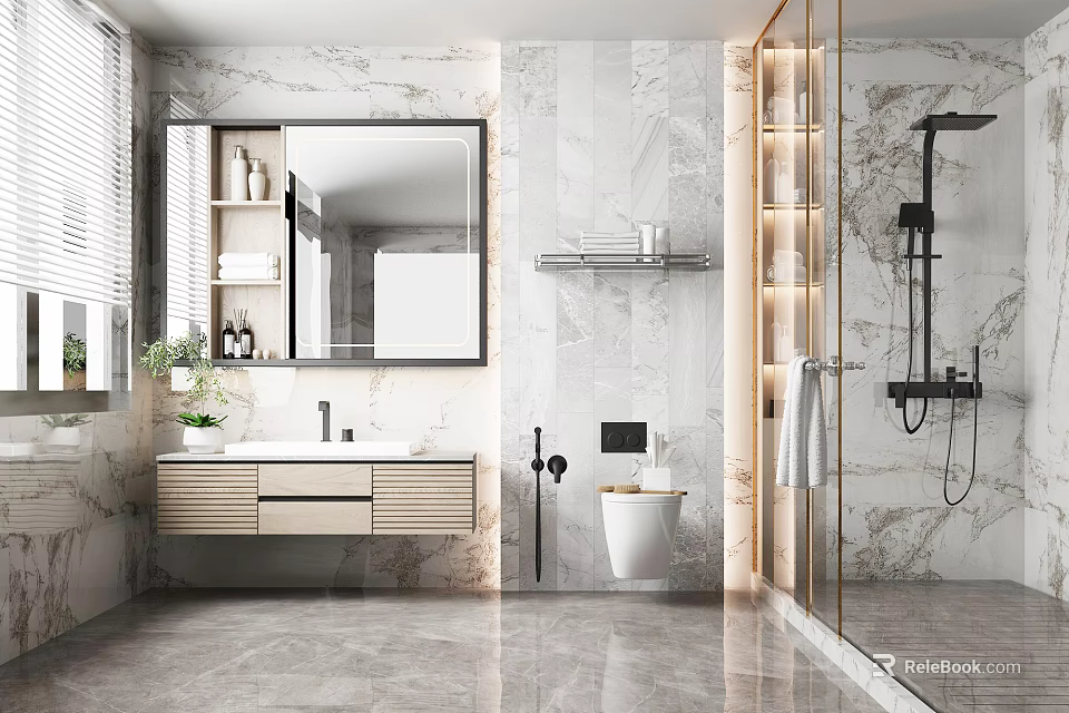 Modern Bathroom With Marble Walls Large Mirror Smart Toilet And Glass Shower 3d model 