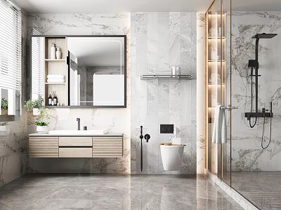 Modern Bathroom With Marble Walls Large Mirror Smart Toilet And Glass Shower 3d model