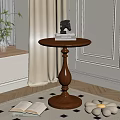 Round Wooden Side Table With Stack Of Books And Horse Figurine In Room Corner
