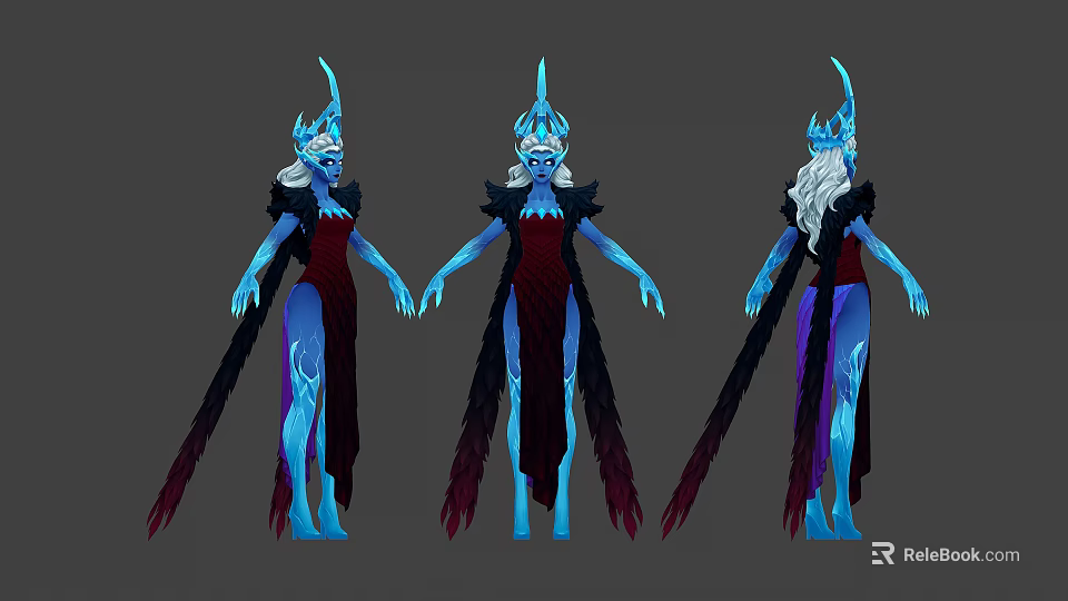 Blue Skinned Woman With Horns Long White Hair And Red Black Robe Three Views 3d model 