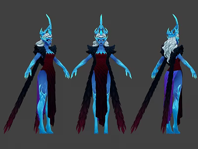 Blue Skinned Woman With Horns Long White Hair And Red Black Robe Three Views 3d model