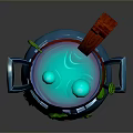 Decorative Magic Cauldron with Blue Body Red Lid Green Vines Moon Pattern and Yellow Flames
