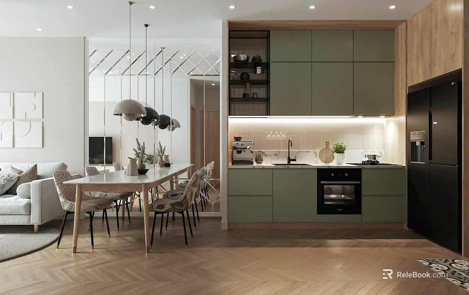 Apartment Open Concept Kitchen Dining Space With Green Cabinets Pendant Lights And Wooden Flooring 3d model 
