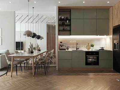 Apartment Open Concept Kitchen Dining Space With Green Cabinets Pendant Lights And Wooden Flooring 3d model