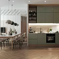 Apartment Open Concept Kitchen Dining Space With Green Cabinets Pendant Lights And Wooden Flooring