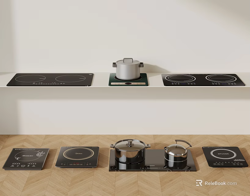 Kitchen Cookware Display With Multiple Induction Cooktops Covered Pots And White Countertop 3d model