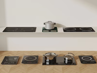 Kitchen Cookware Display With Multiple Induction Cooktops Covered Pots And White Countertop 3d model