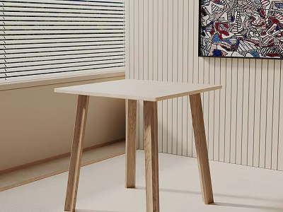 Light Colored Wooden Side Table Near Window Blinds With Vertical Striped Wall And Abstract Painting 3d model