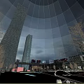 Urban Night Landscape With Illuminated Skyscrapers Green Trees And Open Square