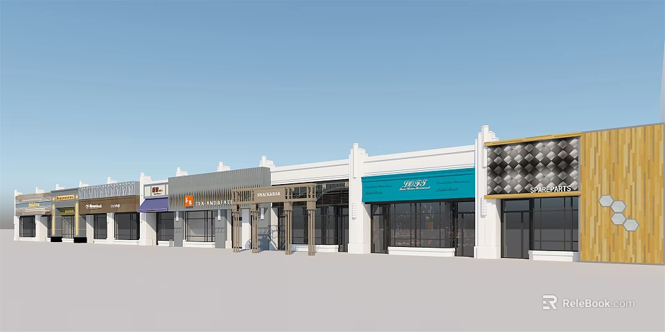 Modern Commercial Street With Colorful Storefronts Retail Shops And Glass Windows 3d model 
