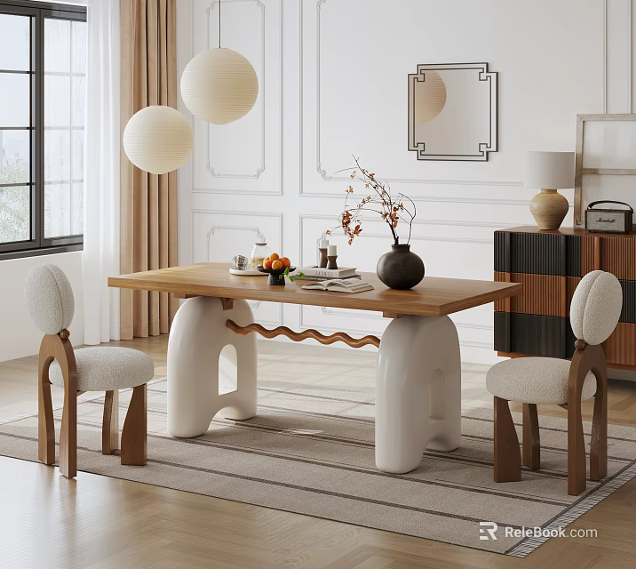 Modern Wooden Dining Table With White Legs And Upholstered Chairs Plus Vase Fruits Books And Pendant Lights 3d model 