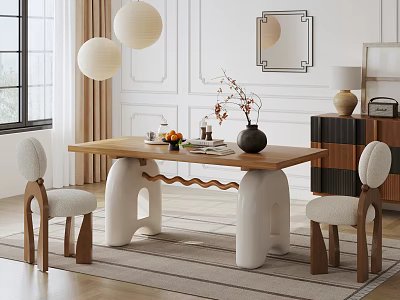 Modern Wooden Dining Table With White Legs And Upholstered Chairs Plus Vase Fruits Books And Pendant Lights 3d model
