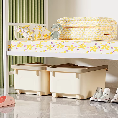Bunk Bed With Floral Bedding And Storage Boxes Near Sneakers 3d model