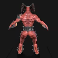 Mythical Red Skinned Demon Wielding Flaming Swords And Spiked Armor With Horns