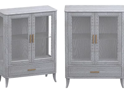 Modern Light Gray Wine Cabinet With Glass Doors Brass Handles Bottom Drawer And Slender Legs 3d model
