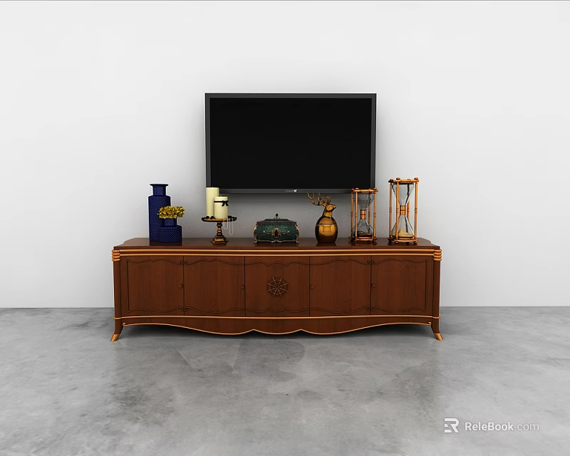 Wooden TV Stand With TV And Decorative Items Like Vase Candle Holder In Living Room 3d model 