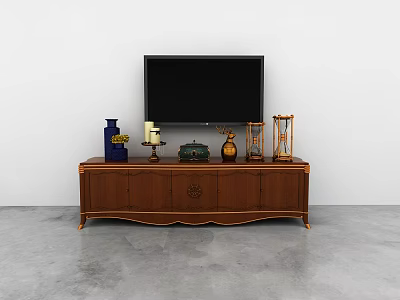 Wooden TV Stand With TV And Decorative Items Like Vase Candle Holder In Living Room 3d model