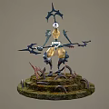 Detailed Fantasy Character Creature Holding Bow On Mossy Mechanical Platform
