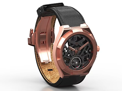 Luxury Rose Gold Watch with Black Leather Strap Skeleton Dial and Mechanical Movement 3d model