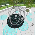 Metal Sculpture With Spherical Rings In Plaza Blue Ground Patterns And People Near Green Trees