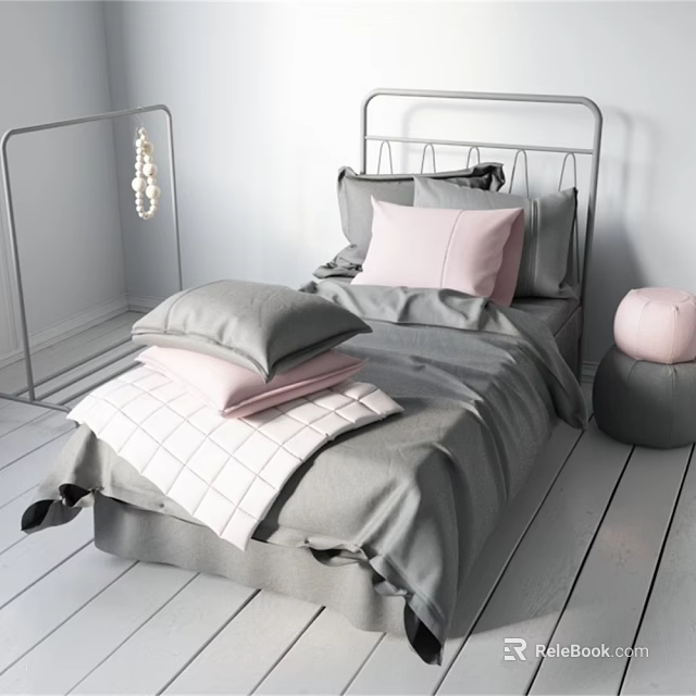 Modern Minimalist Bedroom Bedding With Grey Pink Pillows Blankets And Metal Bed Frame 3d model 