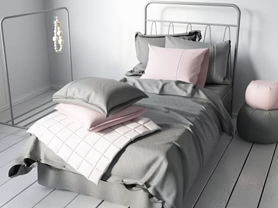 Modern Minimalist Bedroom Bedding With Grey Pink Pillows Blankets And Metal Bed Frame 3d model