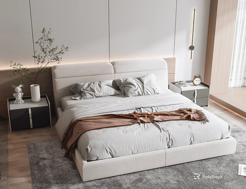 Light Gray Upholstered Double Bed With Pillows Brown Blanket And Modern Side Tables 3d model 