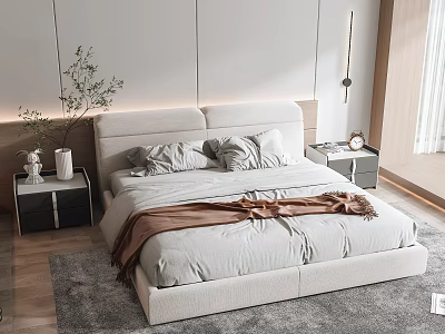 Light Gray Upholstered Double Bed With Pillows Brown Blanket And Modern Side Tables 3d model