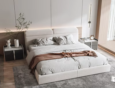 Light Gray Upholstered Double Bed With Pillows Brown Blanket And Modern Side Tables 3d model