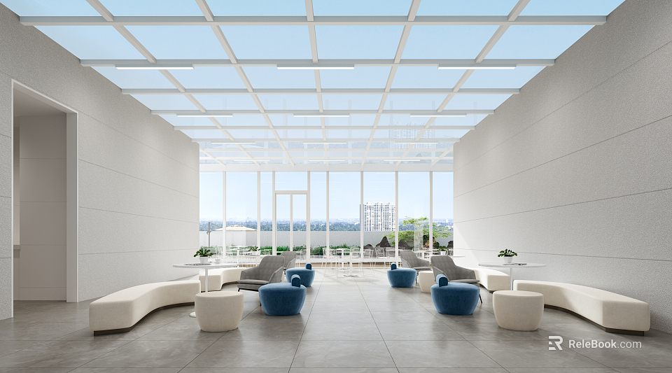 Modern Lounge Area With Glass Ceiling White Curved Sofas Blue Round Stools And City View 3d model 
