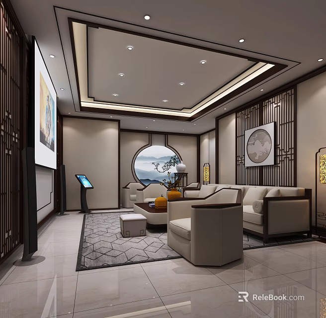 Chinese Style Home Theater Interior With Projection Screen Sofa Coffee Table Circular Decor And Rug 3d model 