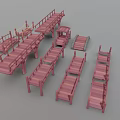 Red Wooden Bridge Models With Various Styles Railings And Pavilion Like Structures 3d model